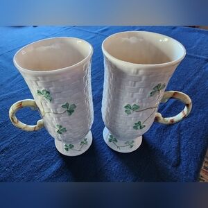 Belleek Irish Woven Texture Mugs with Shamrock Design